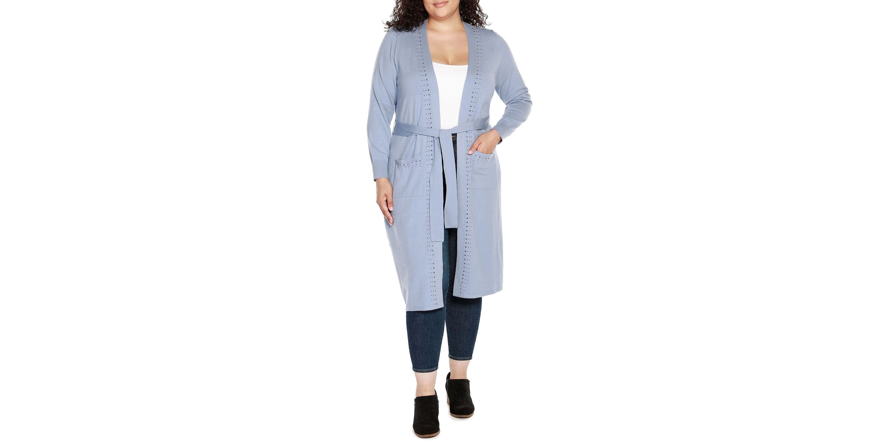 Plus Size Rhinestone-Trim Belted Duster Cardigan
