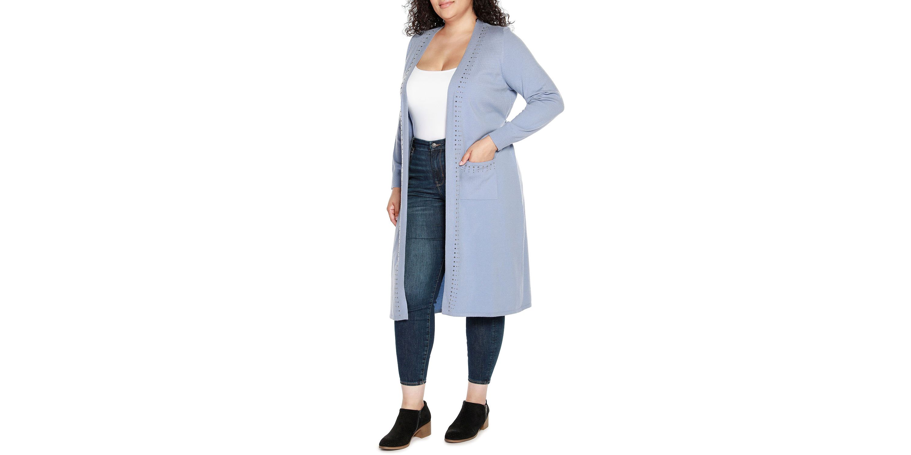 Plus Size Rhinestone-Trim Belted Duster Cardigan