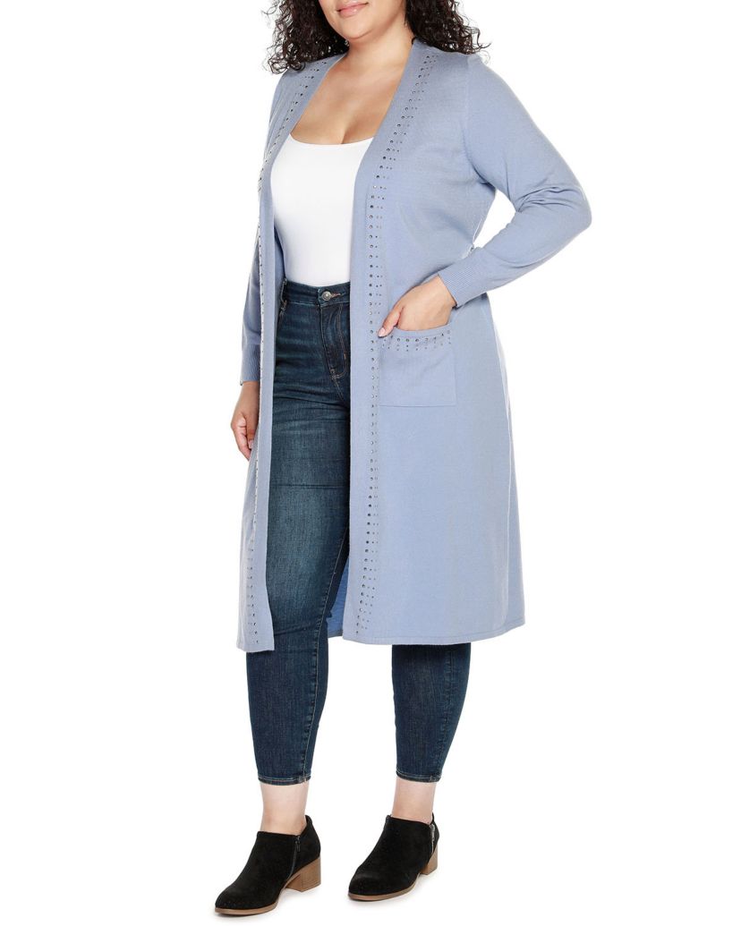 Plus Size Rhinestone-Trim Belted Duster Cardigan