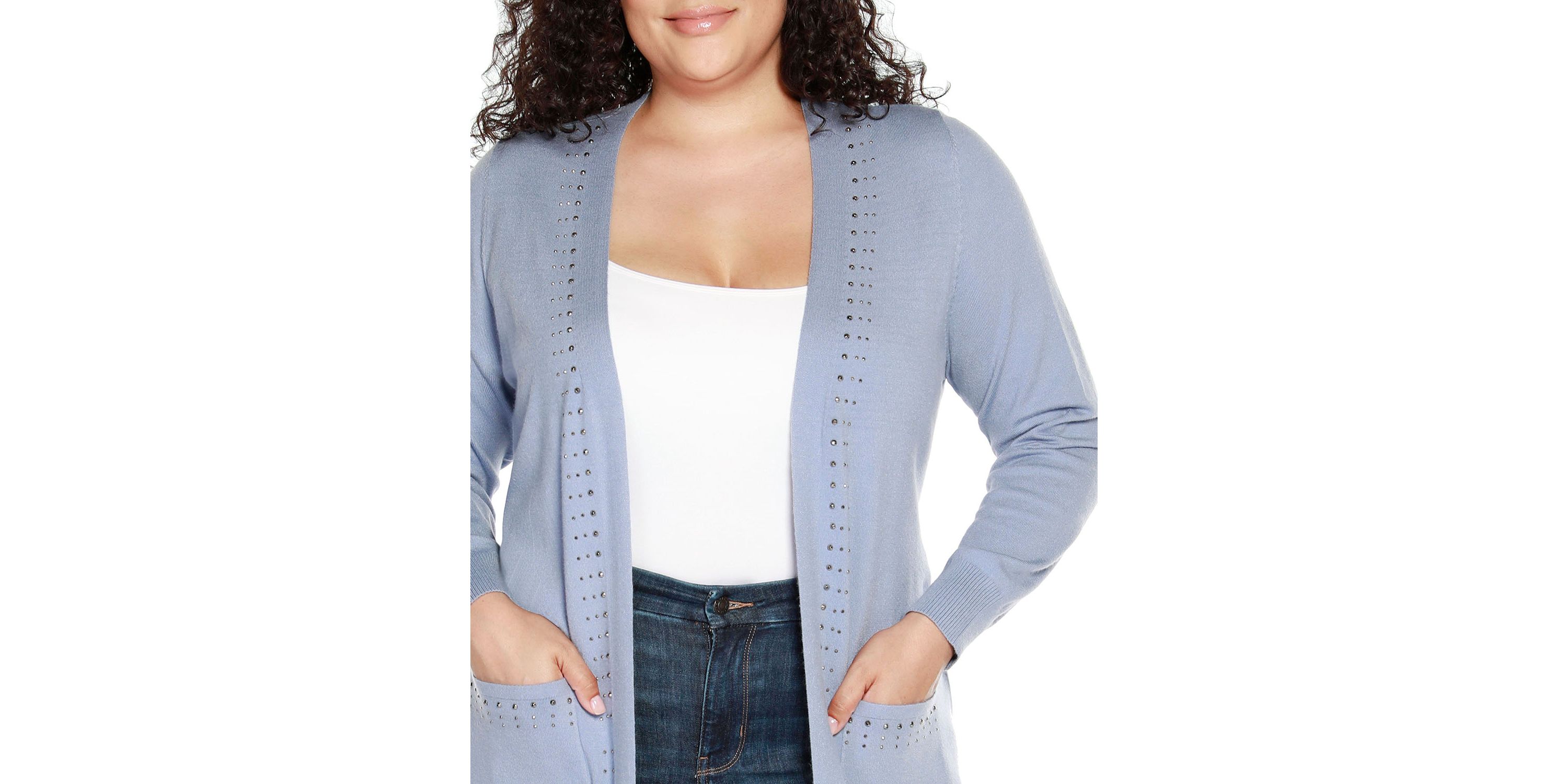 Plus Size Rhinestone-Trim Belted Duster Cardigan
