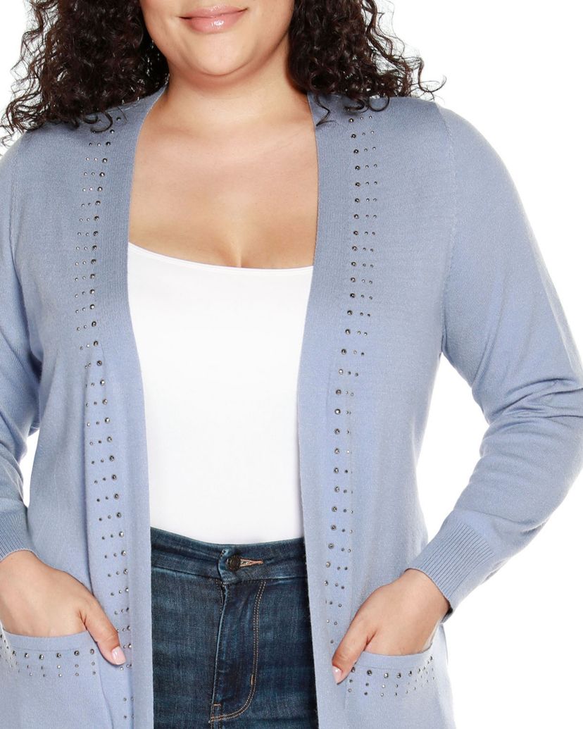 Plus Size Rhinestone-Trim Belted Duster Cardigan