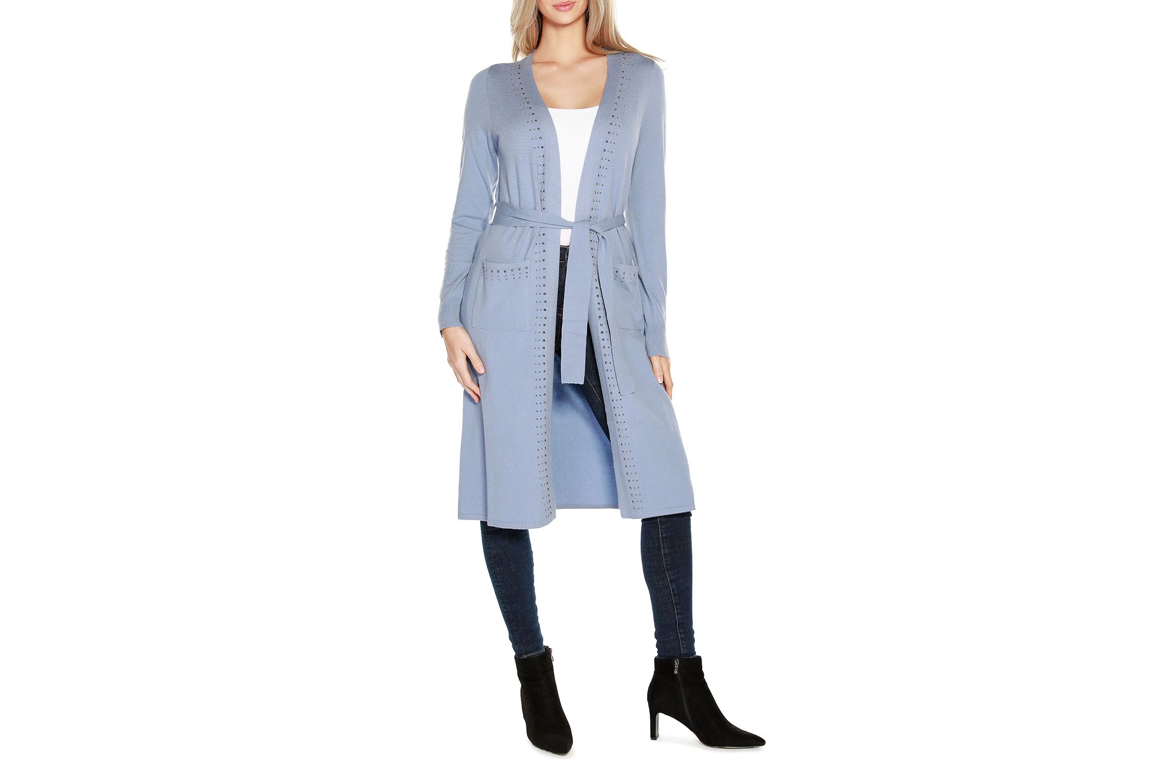 Rhinestone-Trim Belted Duster Cardigan