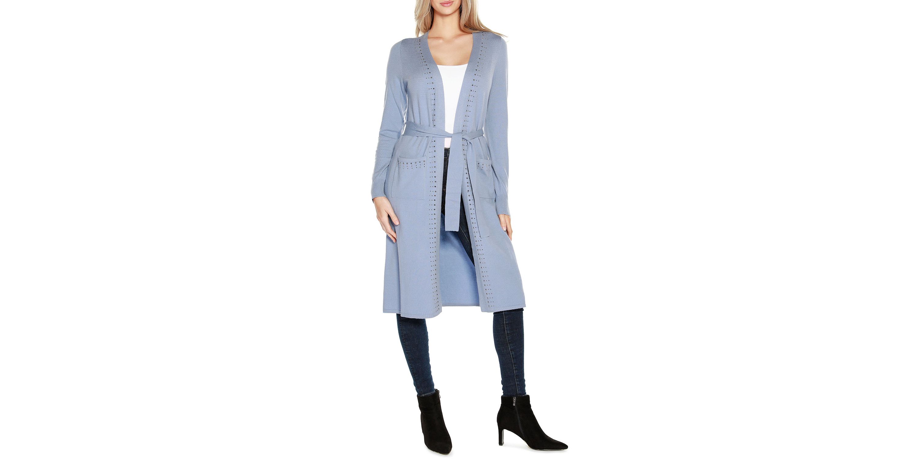 Rhinestone-Trim Belted Duster Cardigan