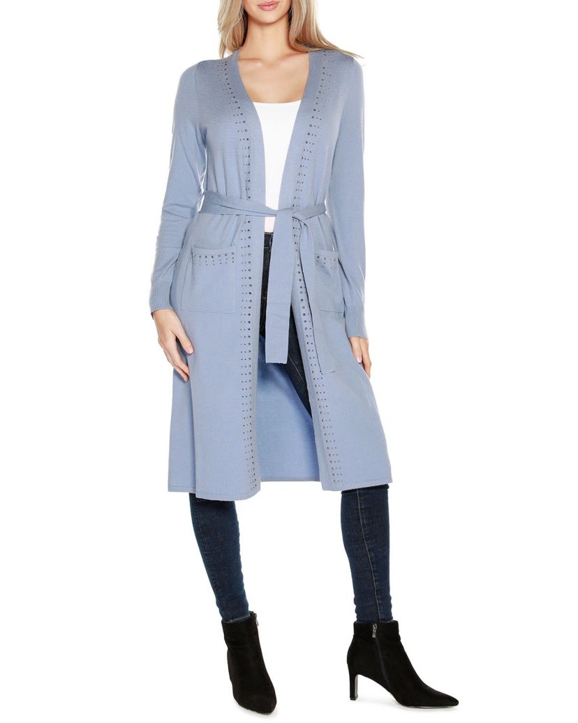 Rhinestone-Trim Belted Duster Cardigan