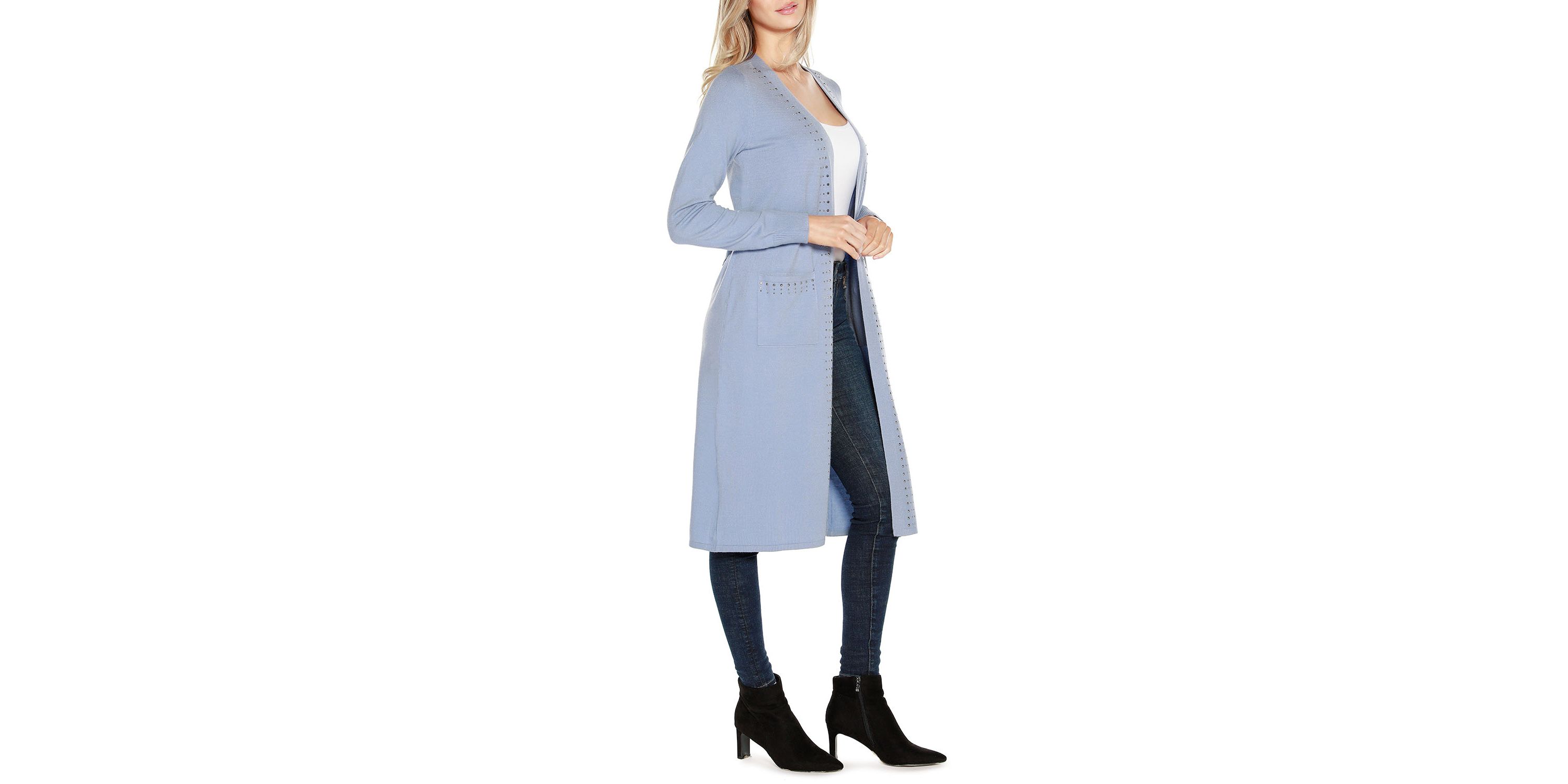 Rhinestone-Trim Belted Duster Cardigan