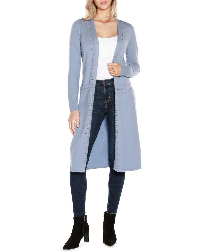 Rhinestone-Trim Belted Duster Cardigan