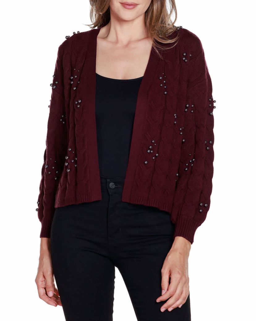 Embellished Open-Front Cable Cardigan Sweater