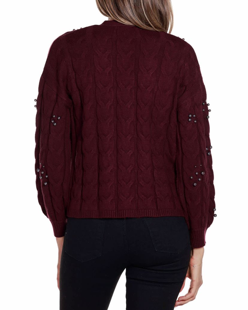 Embellished Open-Front Cable Cardigan Sweater