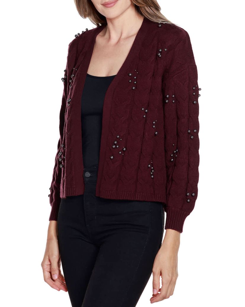 Embellished Open-Front Cable Cardigan Sweater