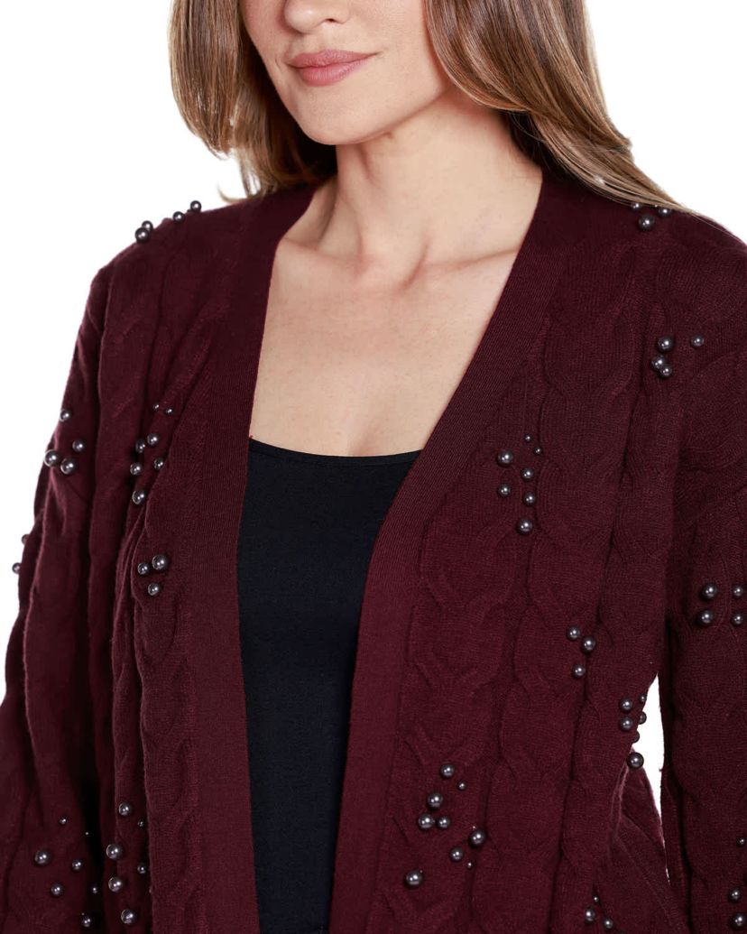 Embellished Open-Front Cable Cardigan Sweater