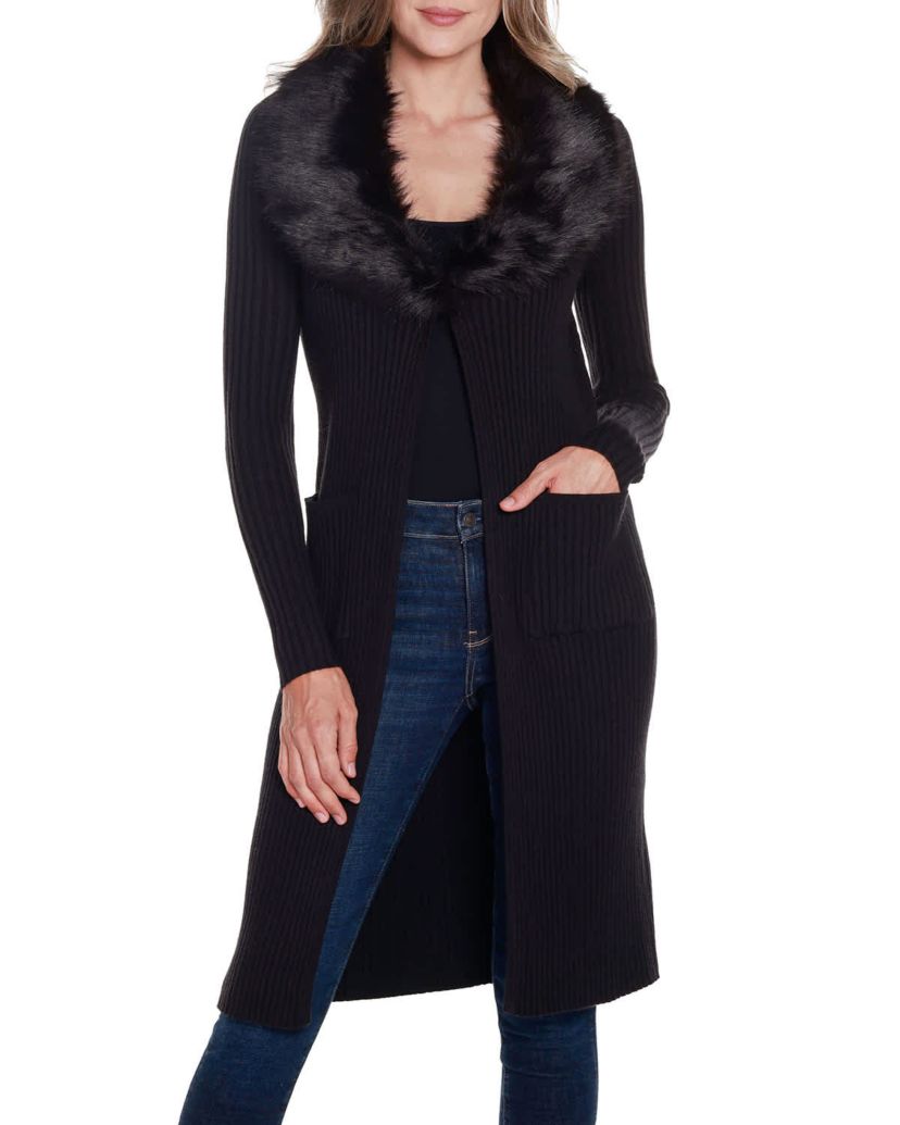 Ribbed Faux-Fur Collar Duster Cardigan Sweater