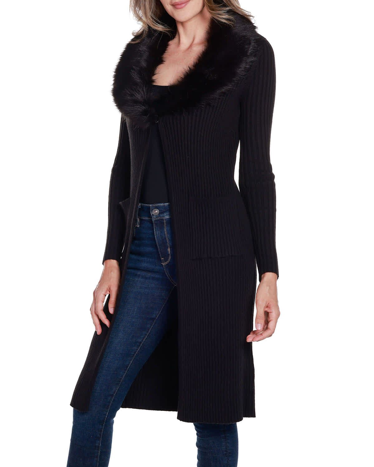 Ribbed Faux-Fur Collar Duster Cardigan Sweater