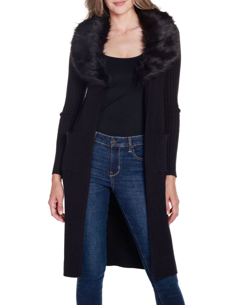 Ribbed Faux-Fur Collar Duster Cardigan Sweater