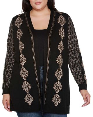 Belldini Black Label Women's Plus Size Lurex Jacquard Open-Front Cardigan Sweater, 3X