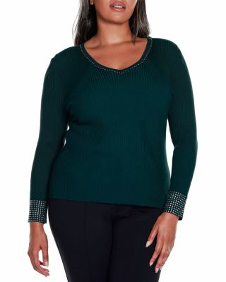 Belldini Black Label Women's Plus Size Rhinestone-Trim Ribbed Sweater, 3X