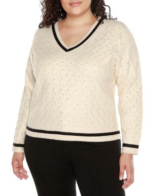 Belldini Black Label Women's Plus Size Embellished Cabled V-Neck Sweater, White, 2X