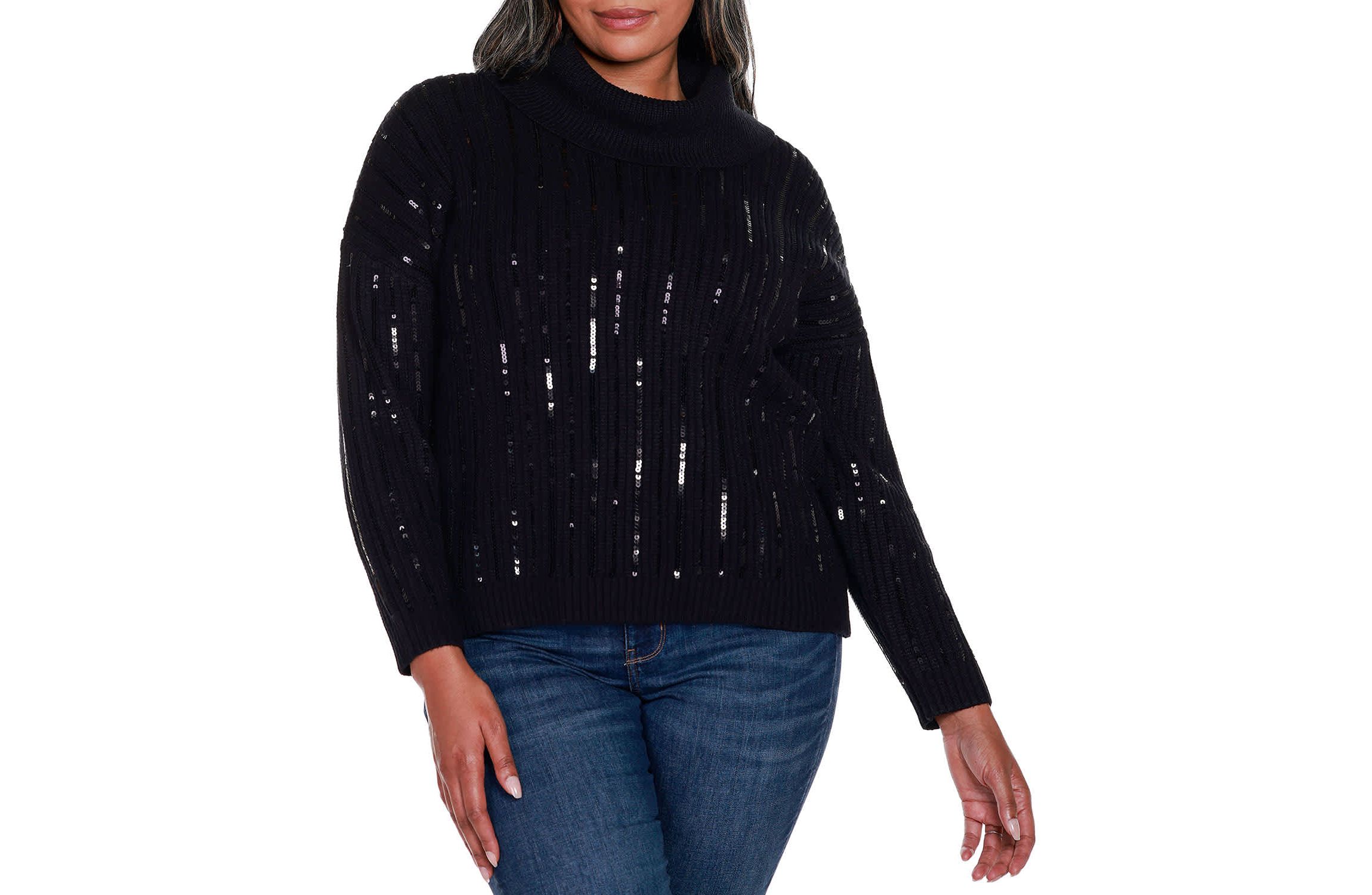 Plus Size Sequin Trim Cowl Neck Sweater