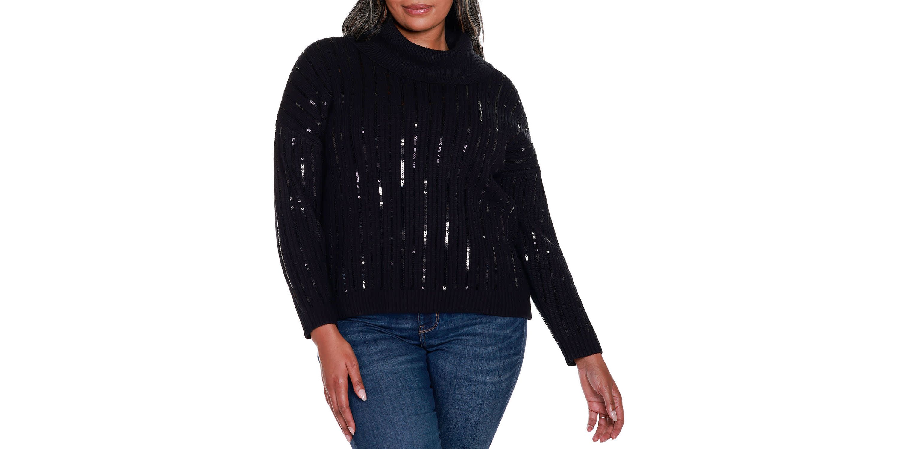 Plus Size Sequin Trim Cowl Neck Sweater