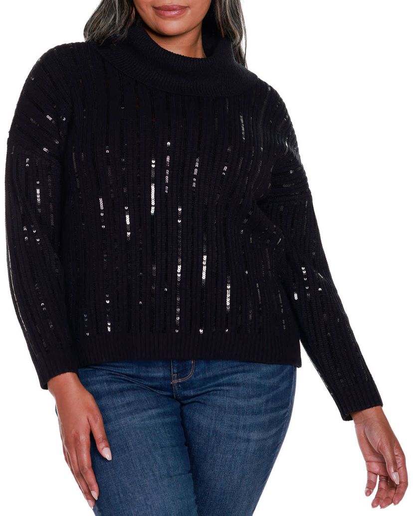 Plus Size Sequin Trim Cowl Neck Sweater
