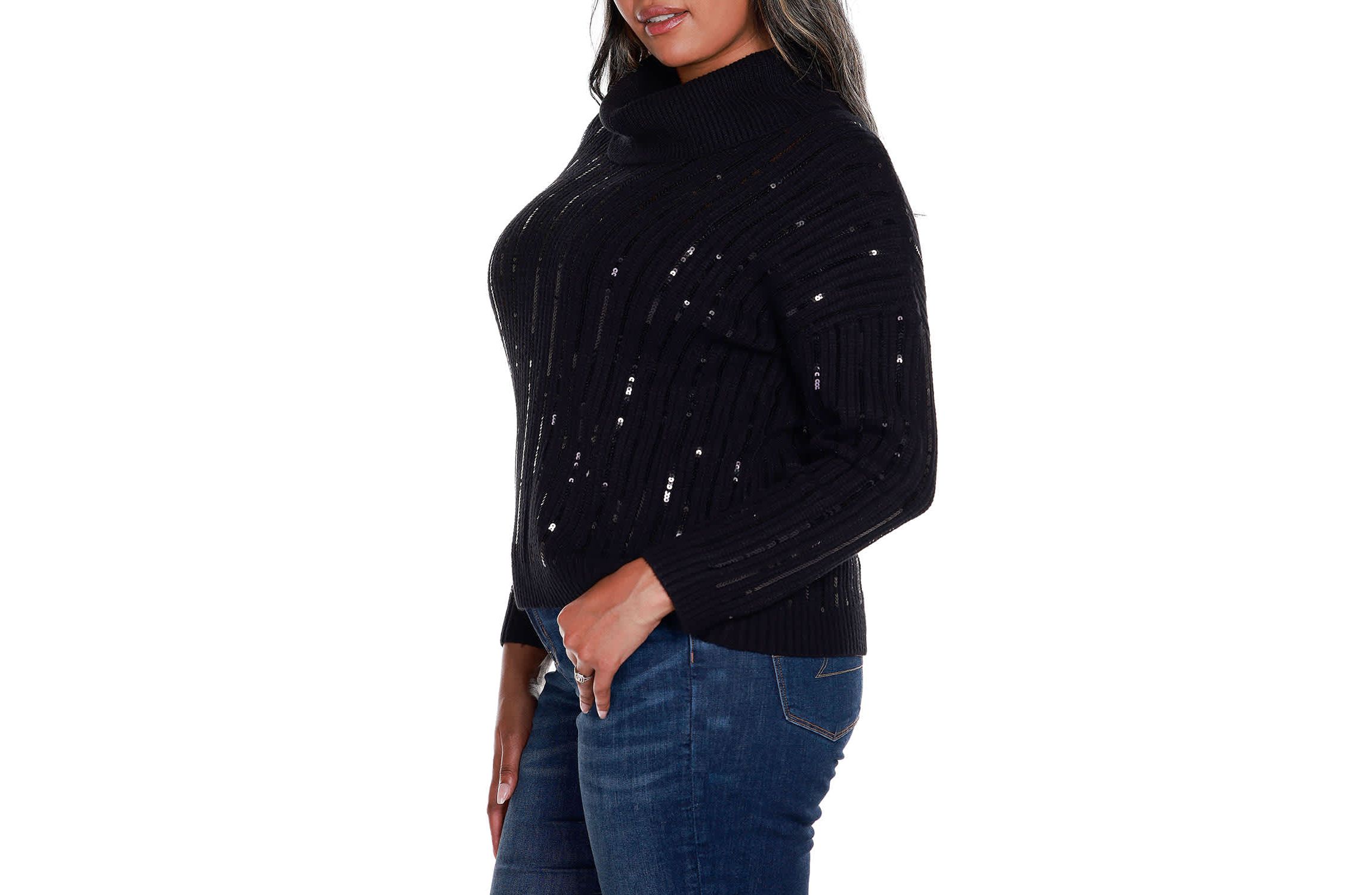 Plus Size Sequin Trim Cowl Neck Sweater