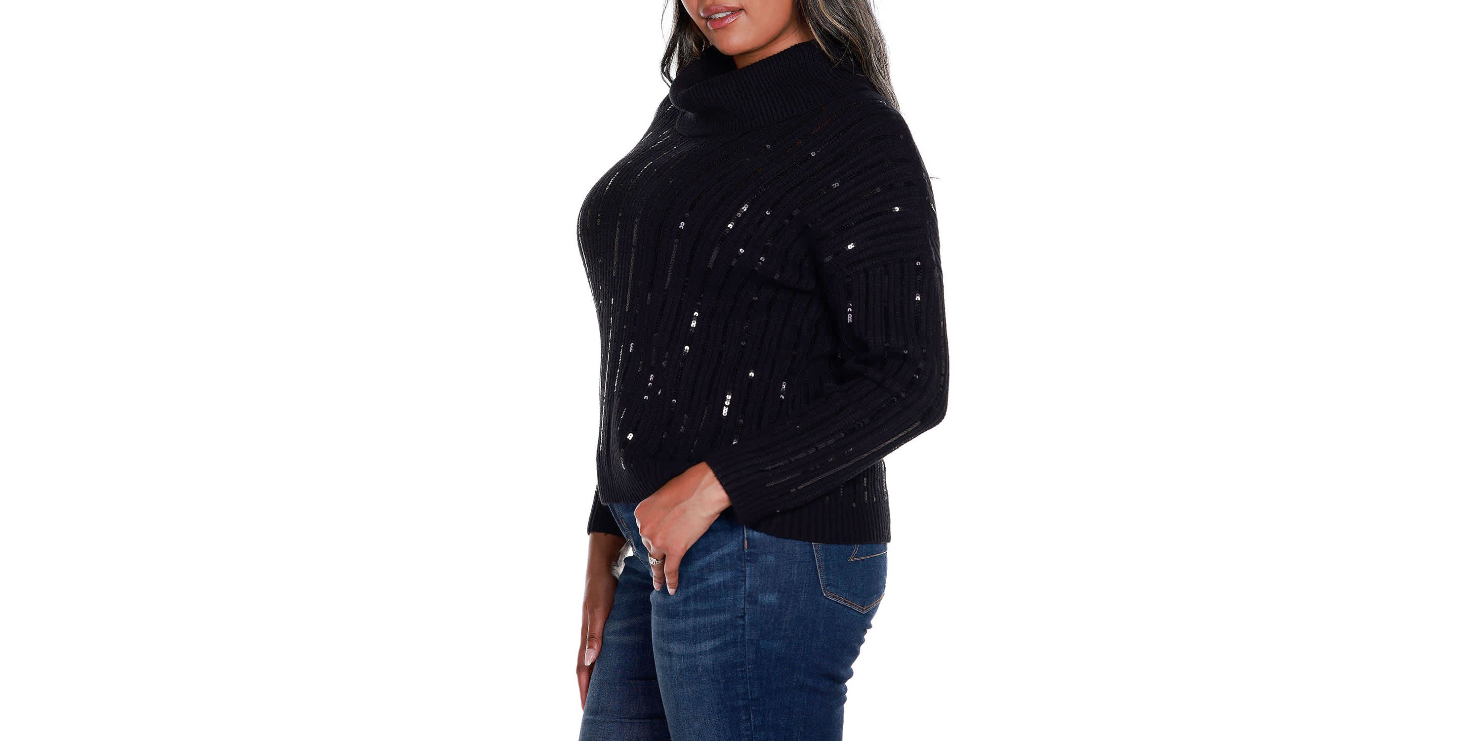 Plus Size Sequin Trim Cowl Neck Sweater