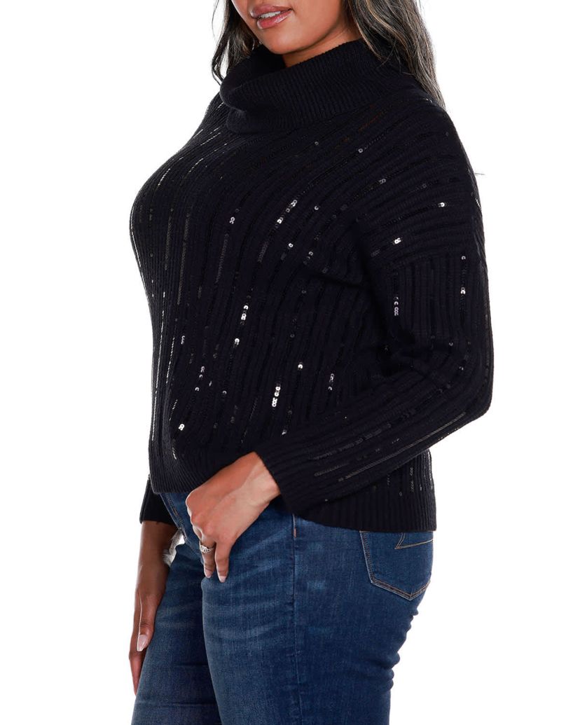 Plus Size Sequin Trim Cowl Neck Sweater
