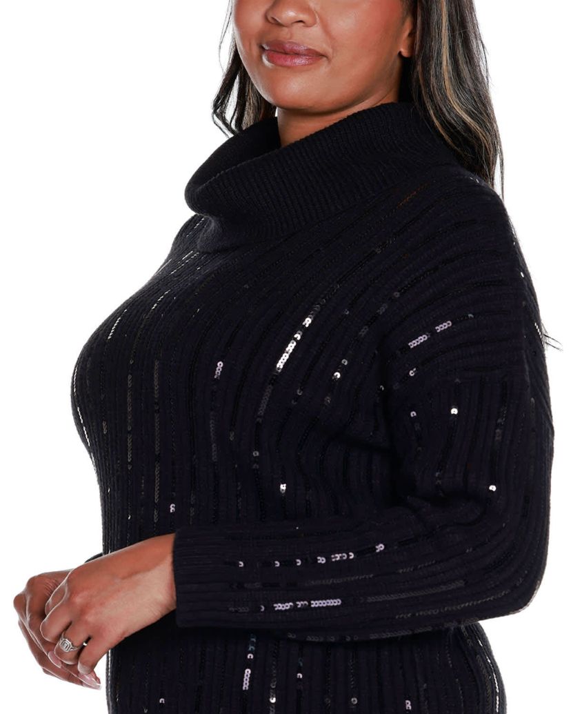Plus Size Sequin Trim Cowl Neck Sweater