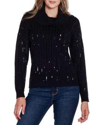 Belldini Black Label Women's Sequin Trim Cowl Neck Sweater, Large