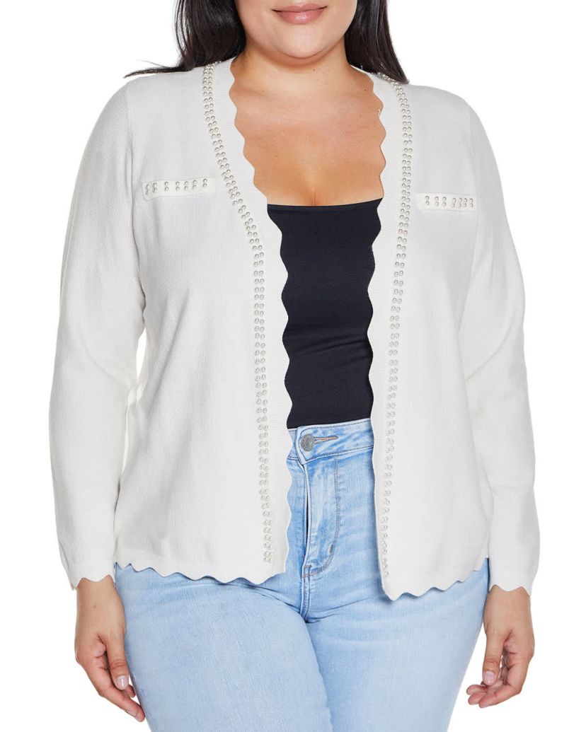 Imitation-Pearl-Trim Open Cardigan Sweater