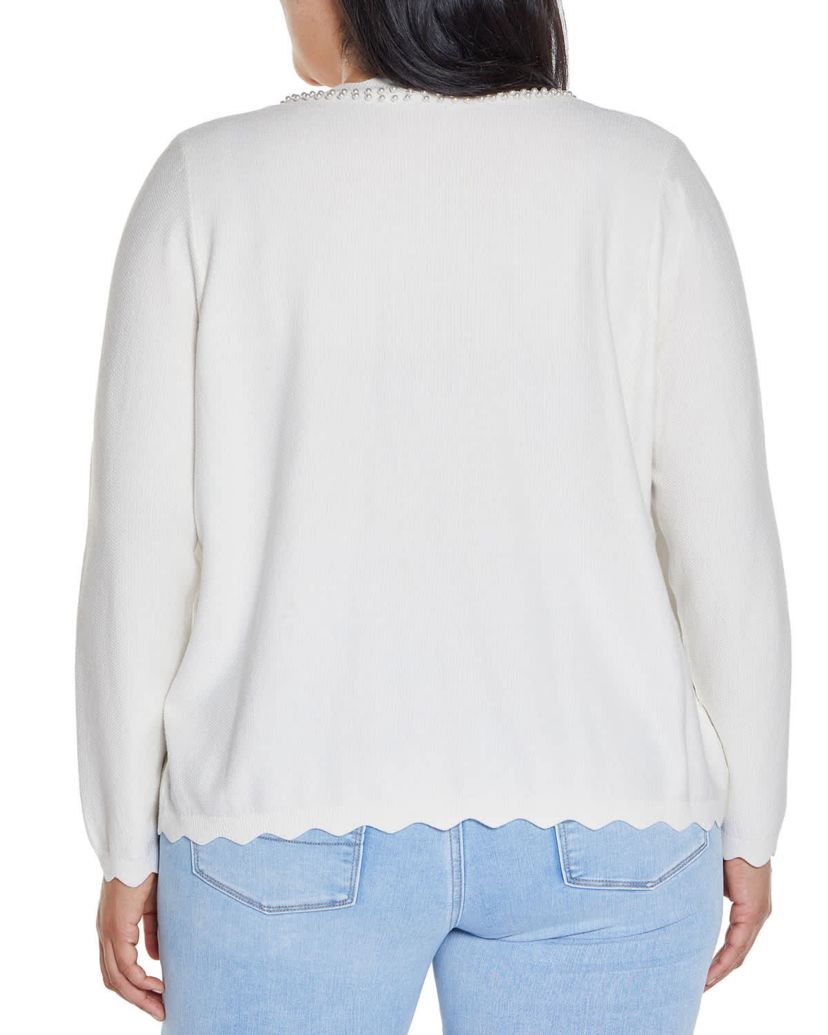 Imitation-Pearl-Trim Open Cardigan Sweater