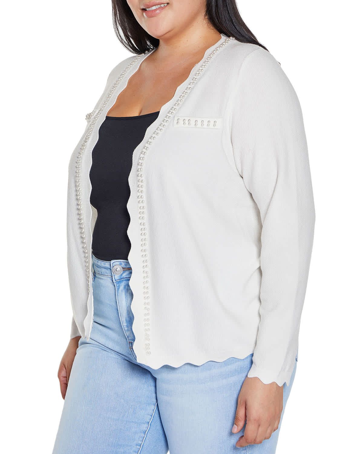 Imitation-Pearl-Trim Open Cardigan Sweater