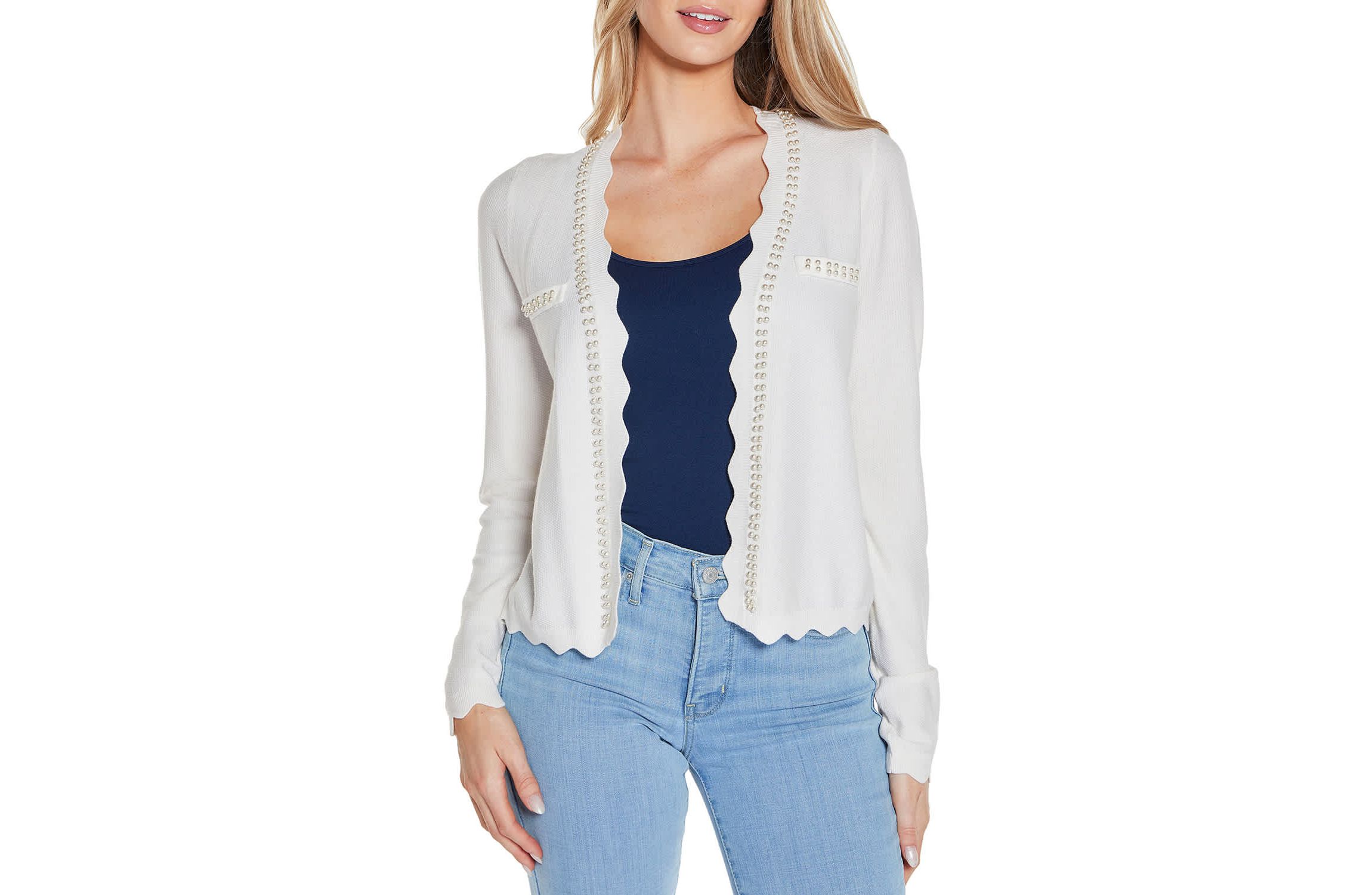 Imitation-Pearl-Trim Open Cardigan Sweater