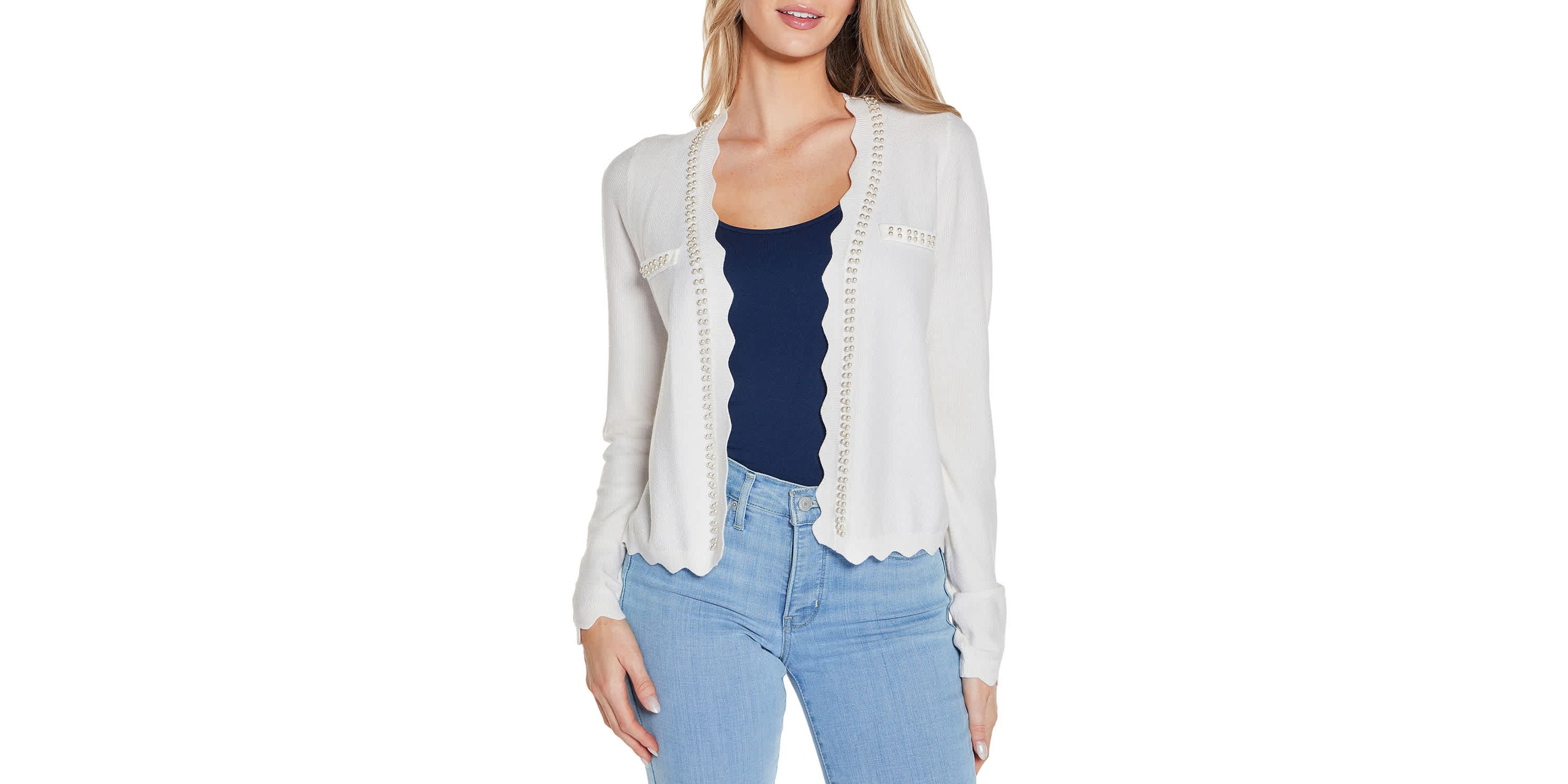 Imitation-Pearl-Trim Open Cardigan Sweater