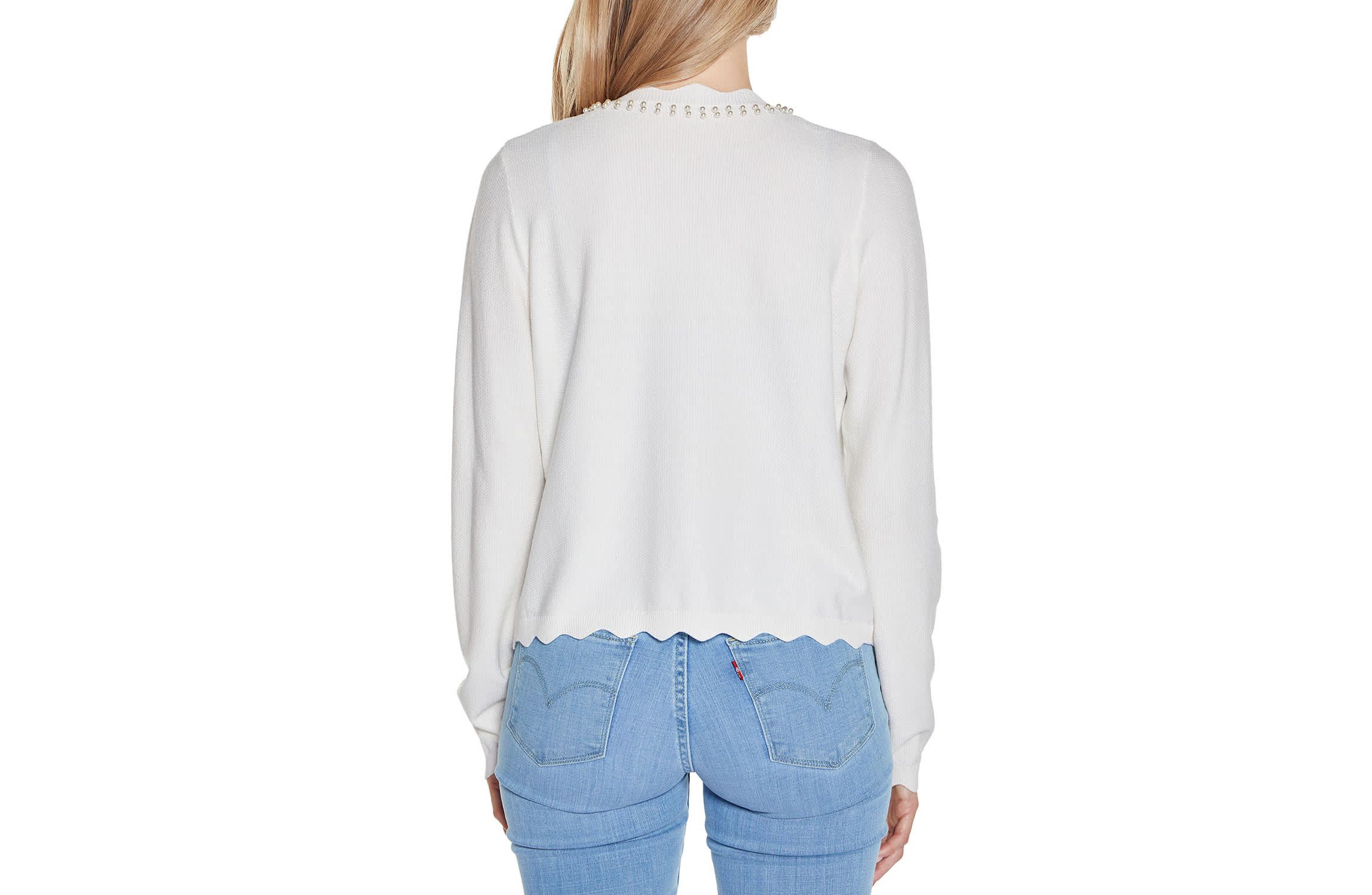Imitation-Pearl-Trim Open Cardigan Sweater