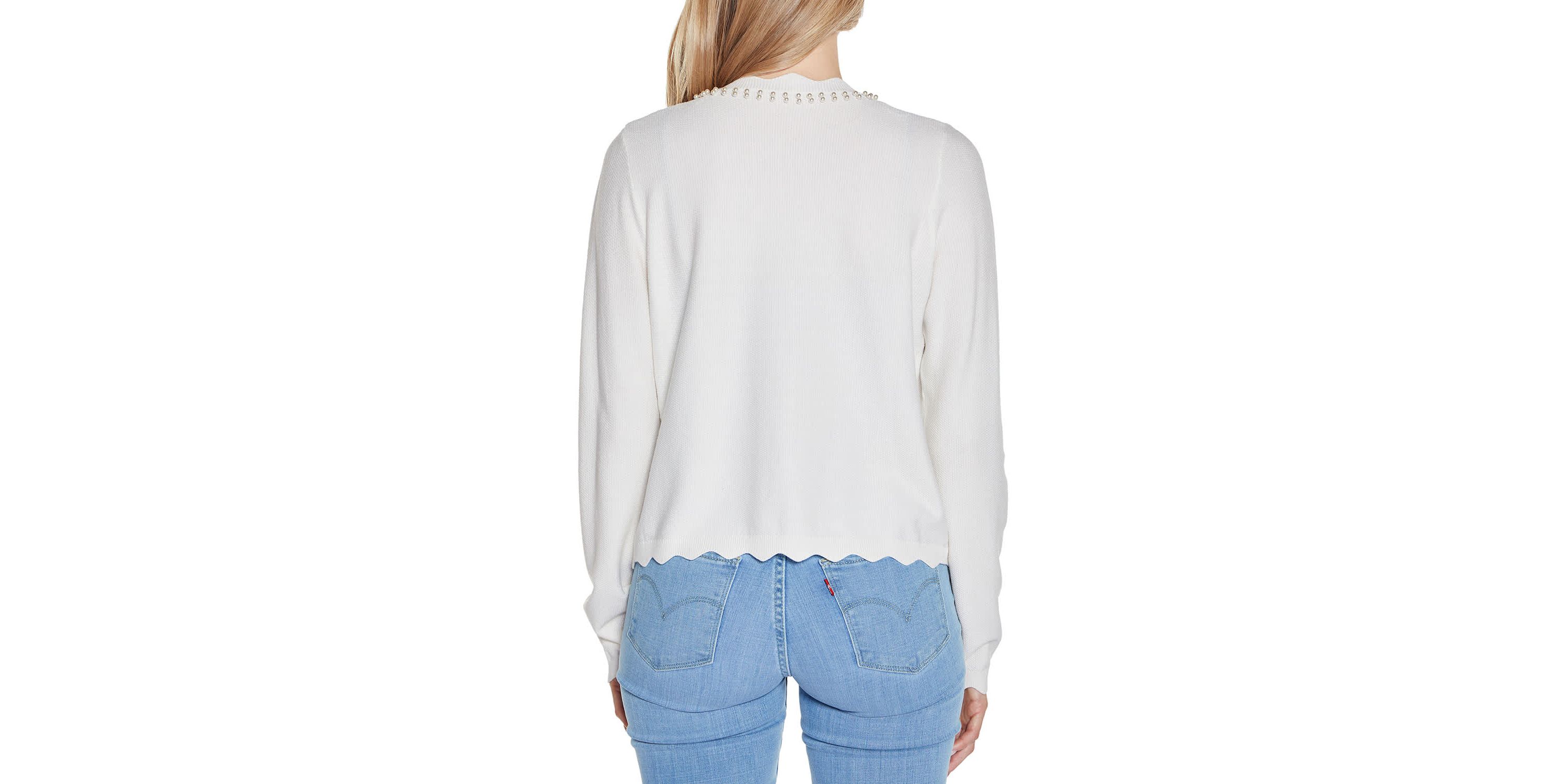 Imitation-Pearl-Trim Open Cardigan Sweater