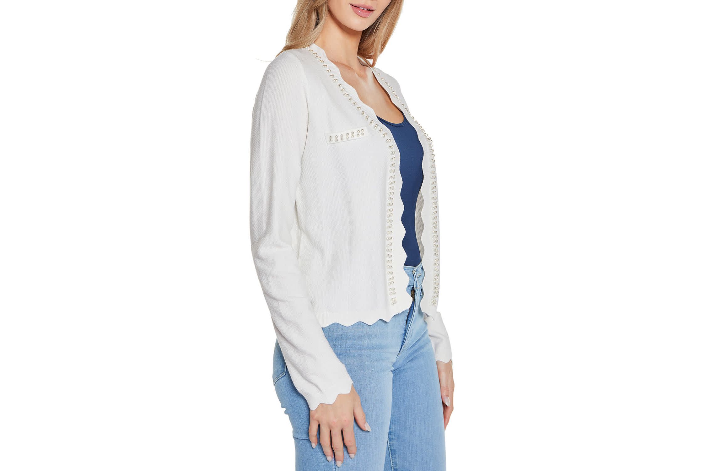 Imitation-Pearl-Trim Open Cardigan Sweater