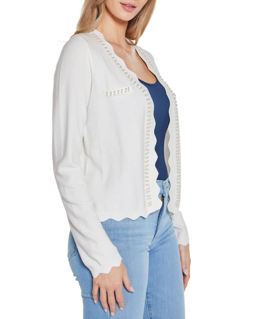 Imitation-Pearl-Trim Open Cardigan Sweater