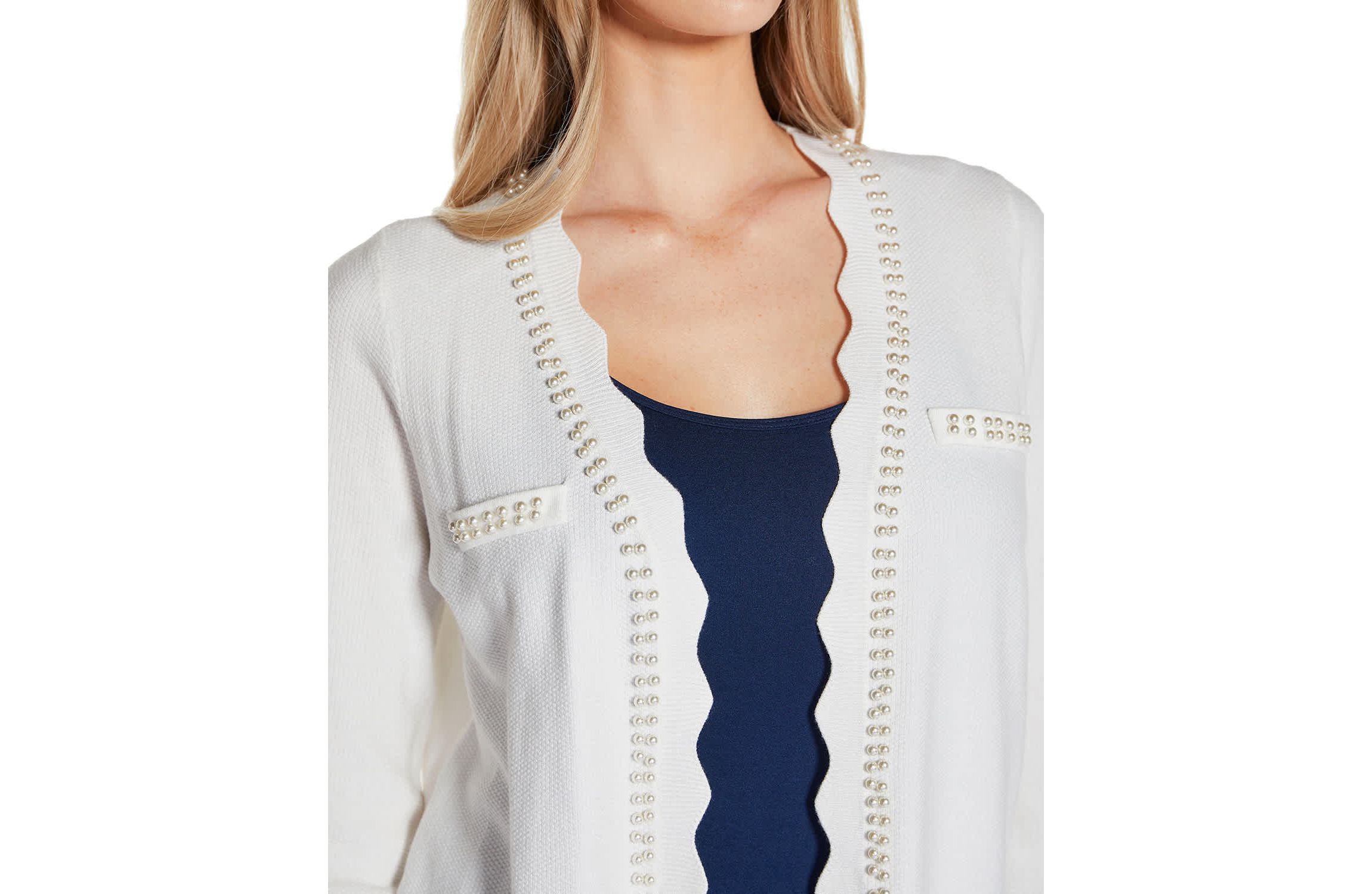 Imitation-Pearl-Trim Open Cardigan Sweater