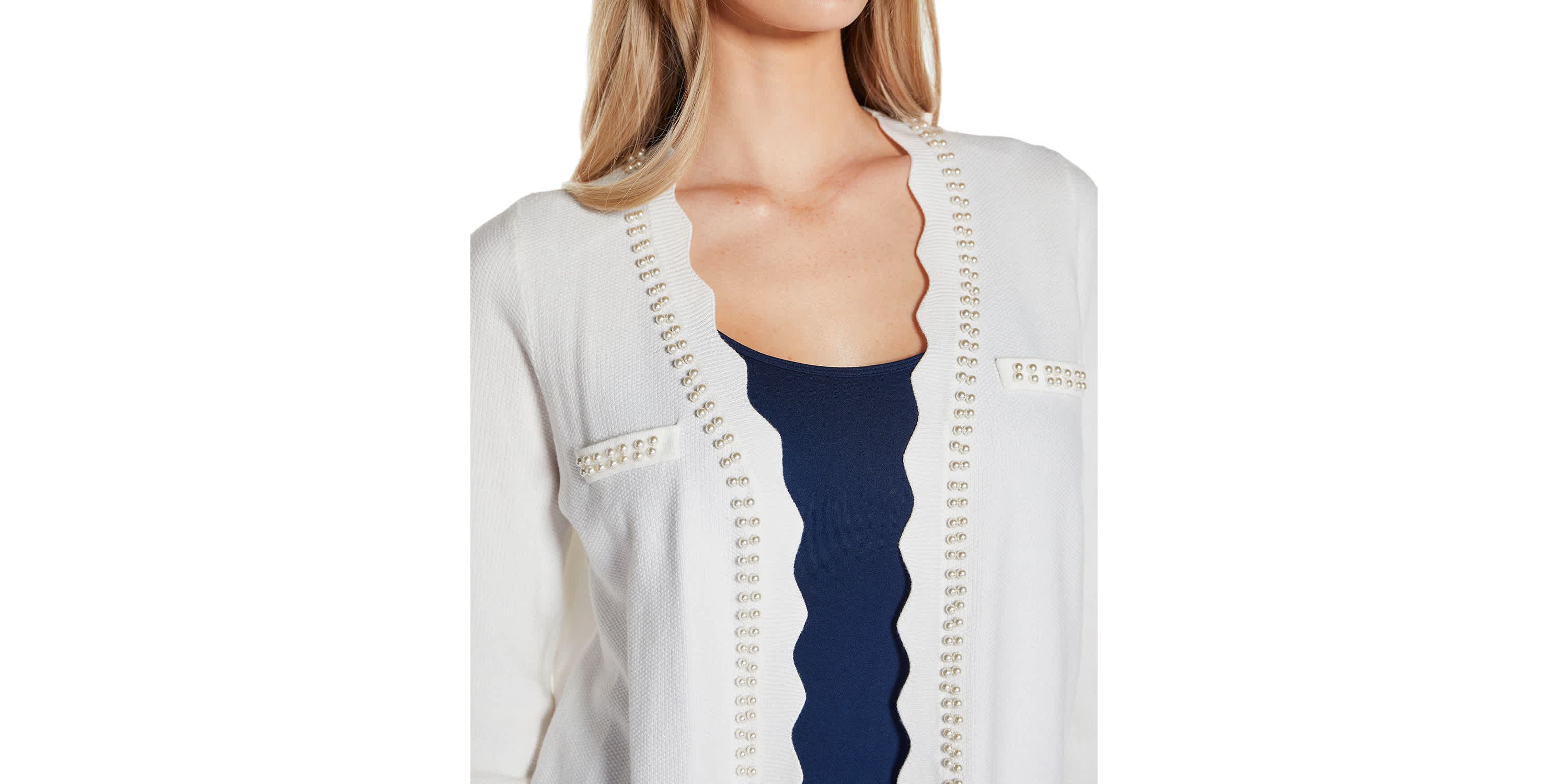 Imitation-Pearl-Trim Open Cardigan Sweater