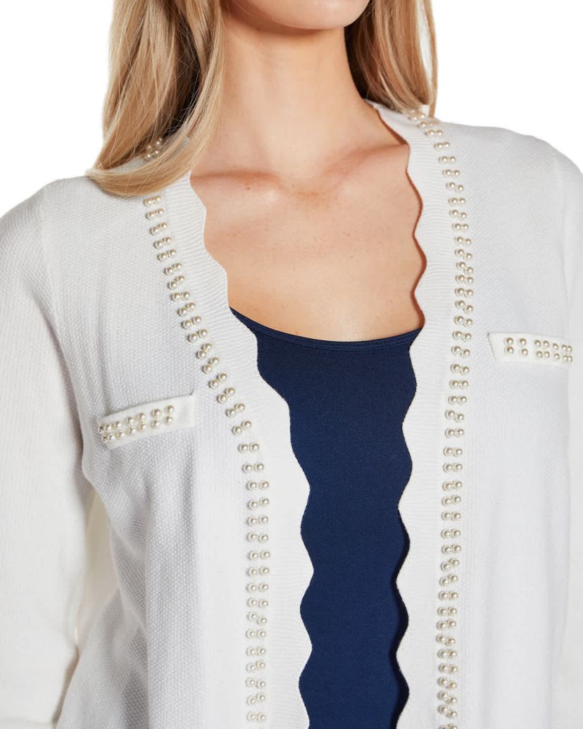 Imitation-Pearl-Trim Open Cardigan Sweater