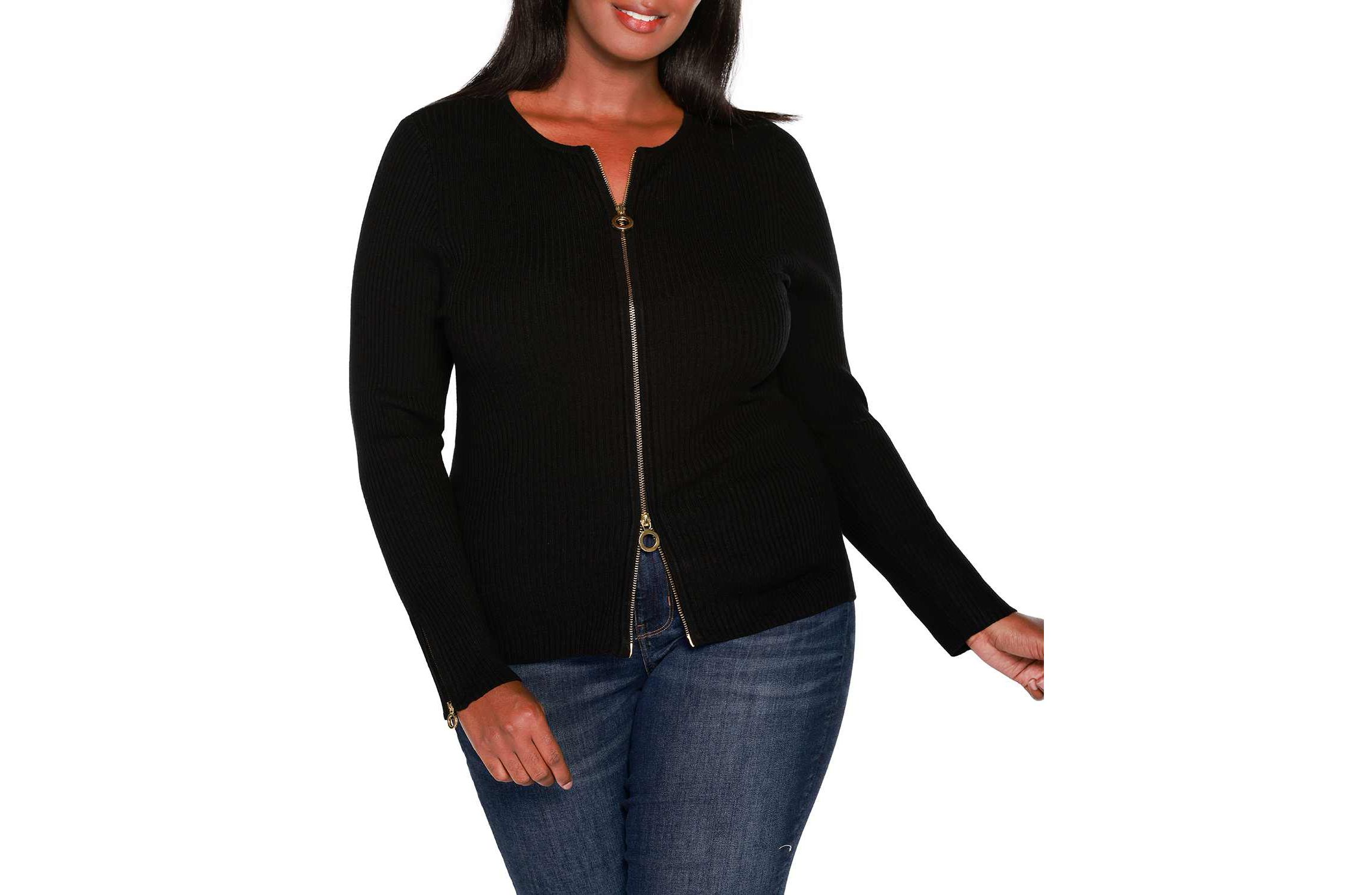 Ribbed Double-Zip Cardigan Sweater