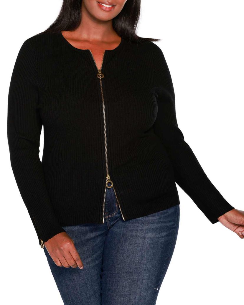 Ribbed Double-Zip Cardigan Sweater