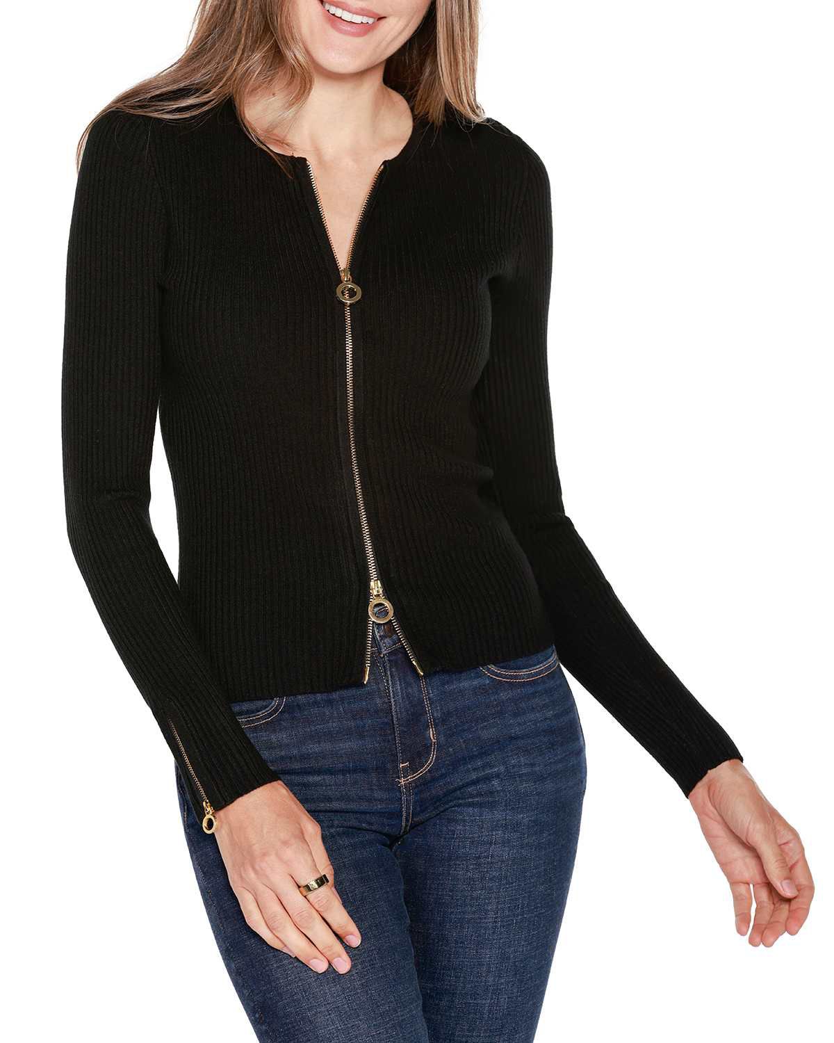 Ribbed Double-Zip Cardigan Sweater