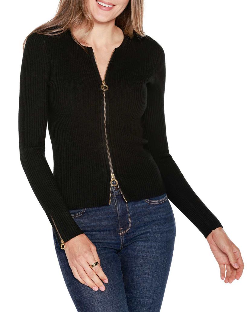 Ribbed Double-Zip Cardigan Sweater