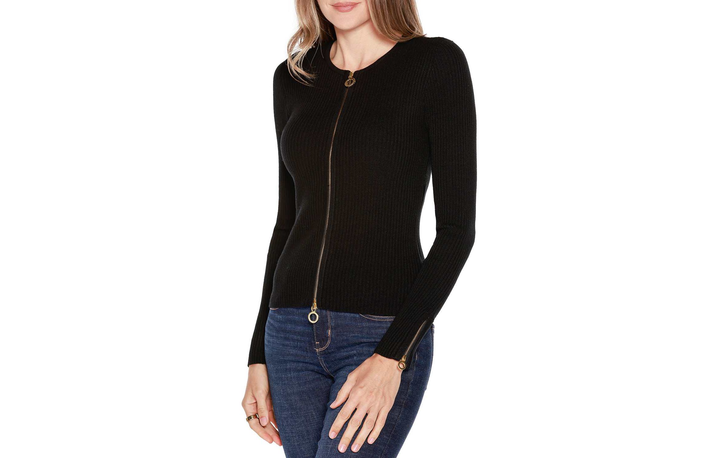 Ribbed Double-Zip Cardigan Sweater