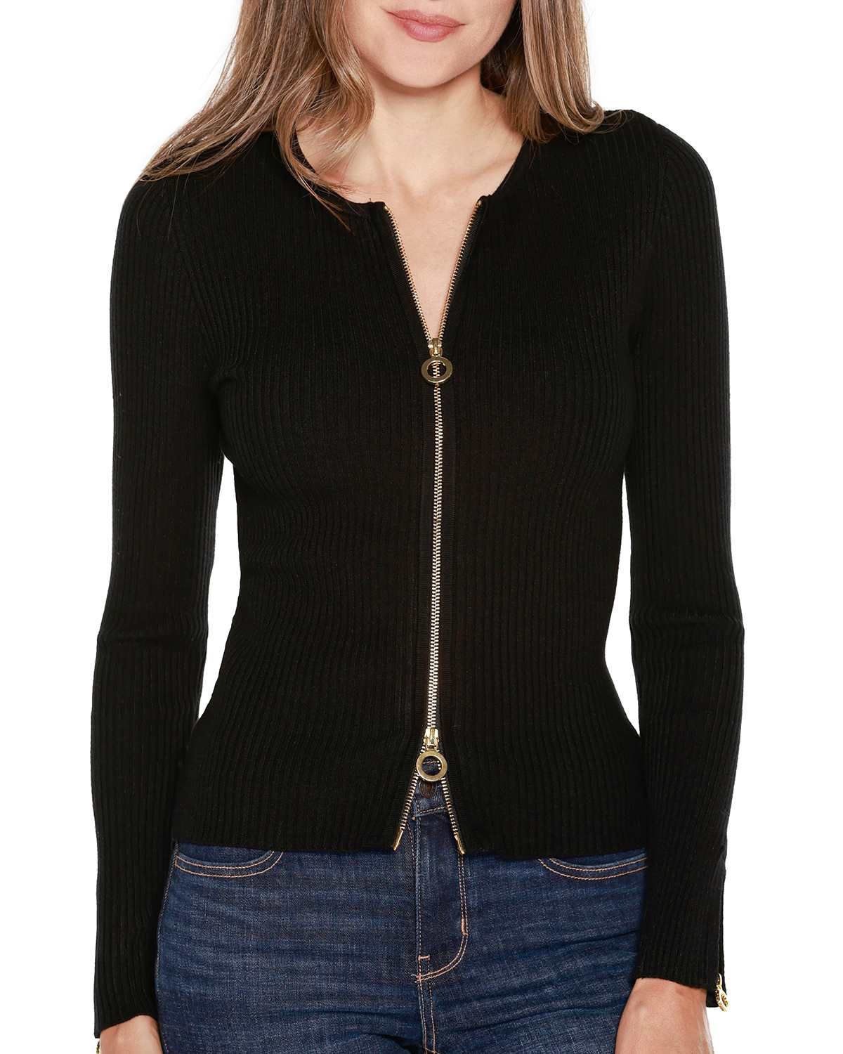 Ribbed Double-Zip Cardigan Sweater