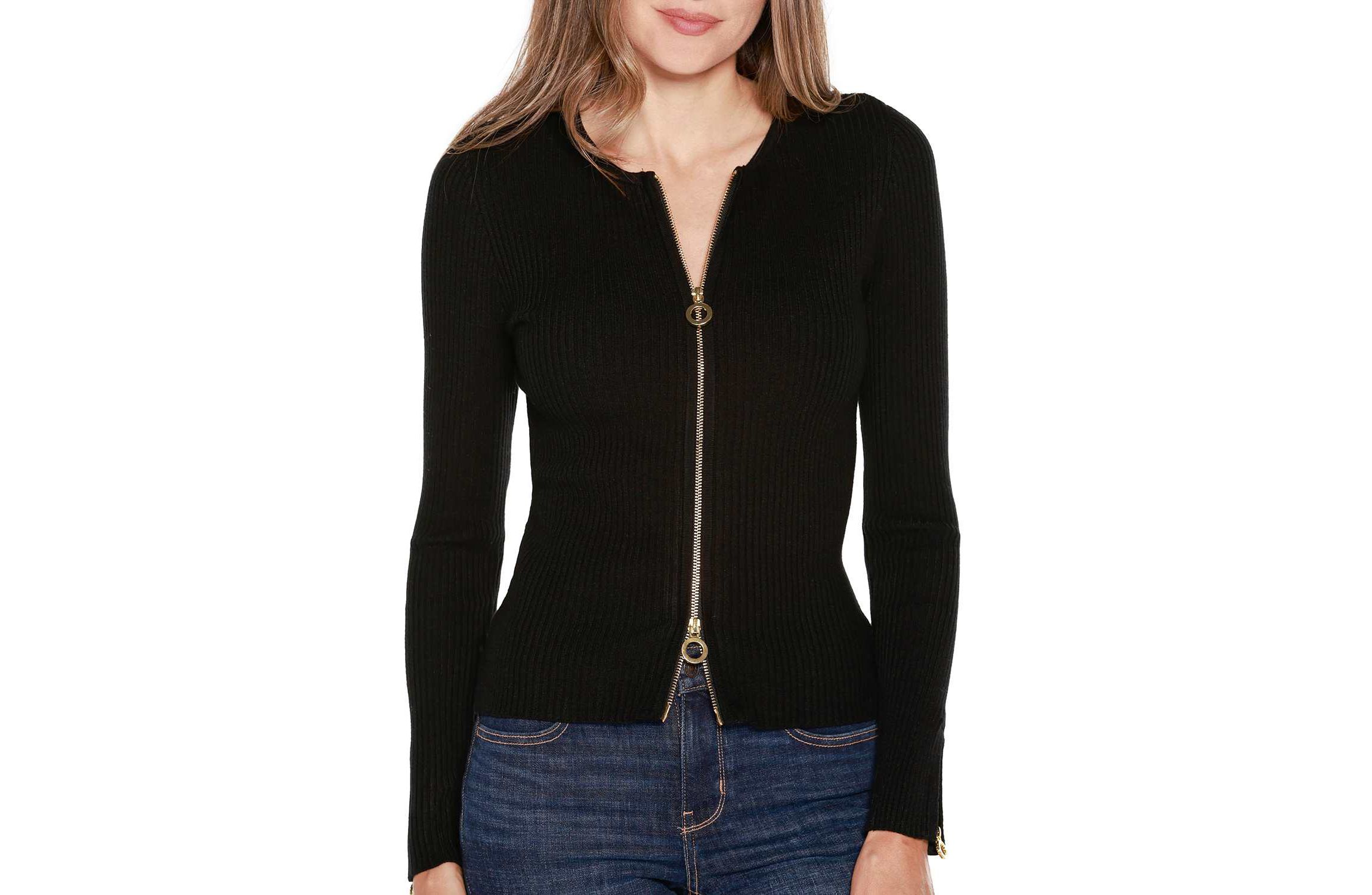 Ribbed Double-Zip Cardigan Sweater