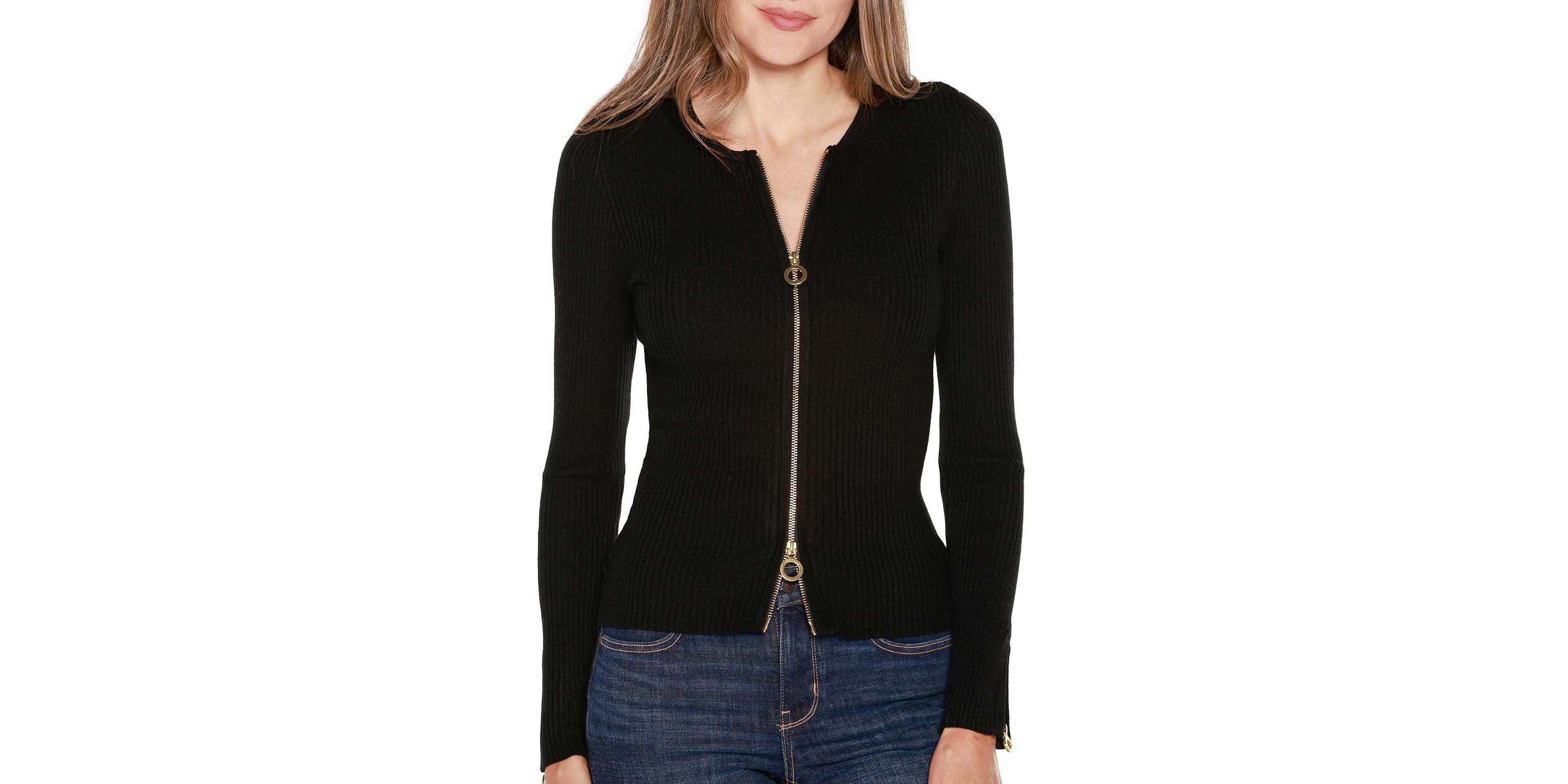 Ribbed Double-Zip Cardigan Sweater