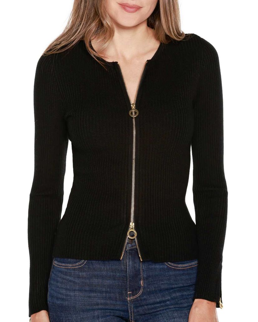 Ribbed Double-Zip Cardigan Sweater