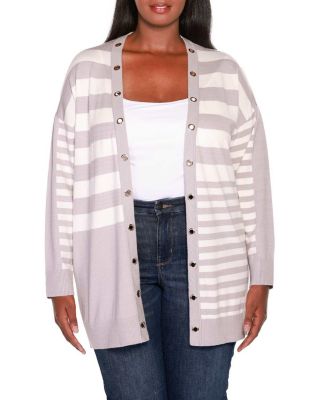 Belldini Black Label Women's Colorblocked Variegated-Stripe Open-Front Cardigan Sweater, Grey, 3X